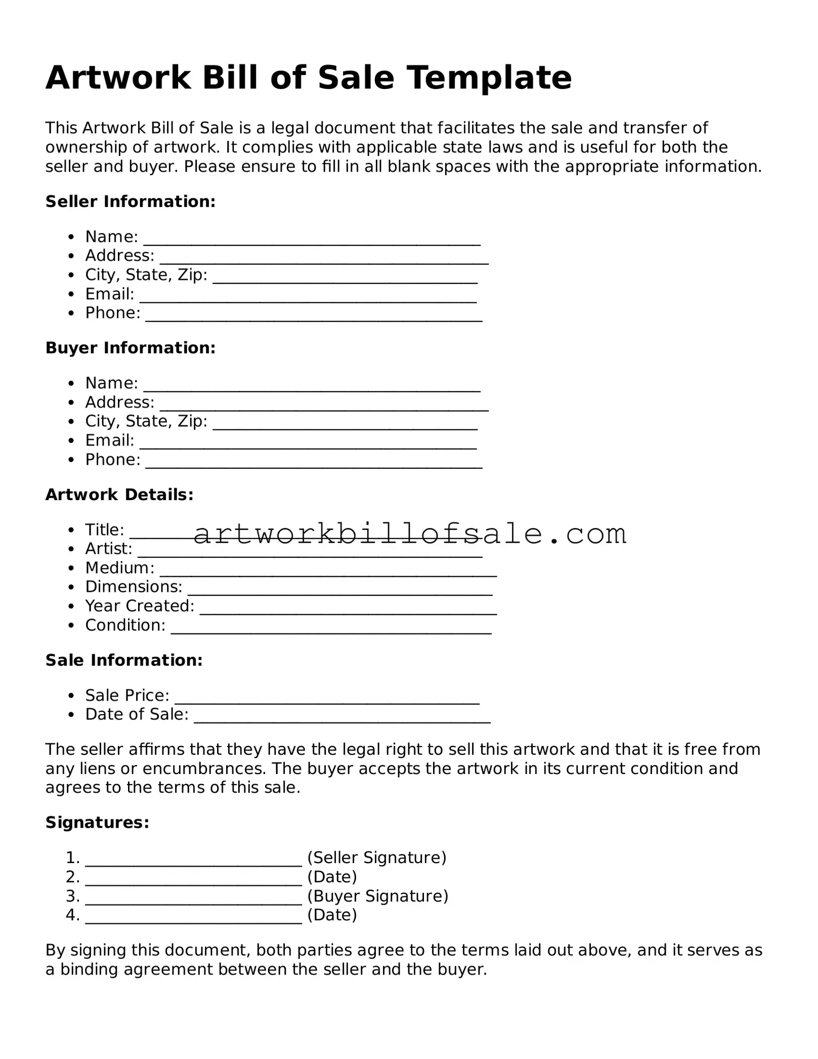 Legal Artwork Bill of Sale Form